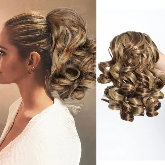 Curly Clip-In Ponytail Hair Extension 9" Short Wavy Ponytail Highlighted - Picture 1 of 6